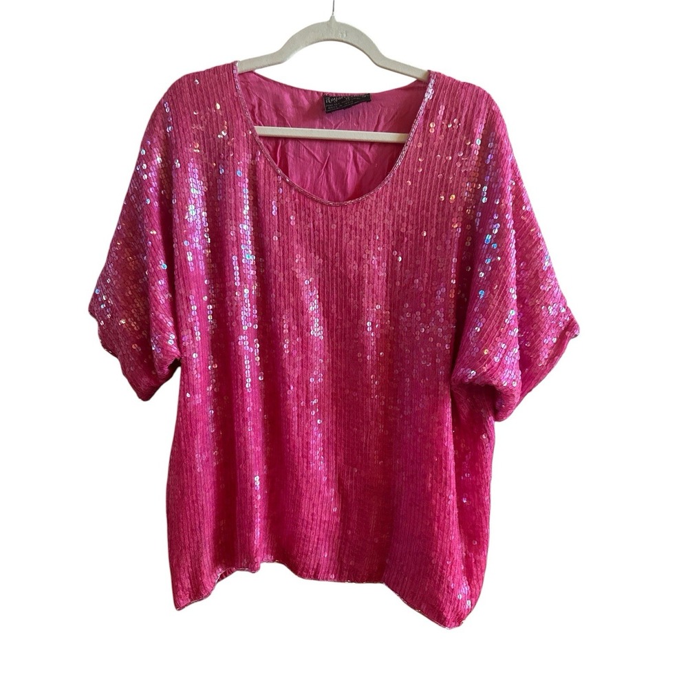 Royal Feelings 1980s Woman's Barbie Pink Short Sleeve Sequin Top Larger *no size